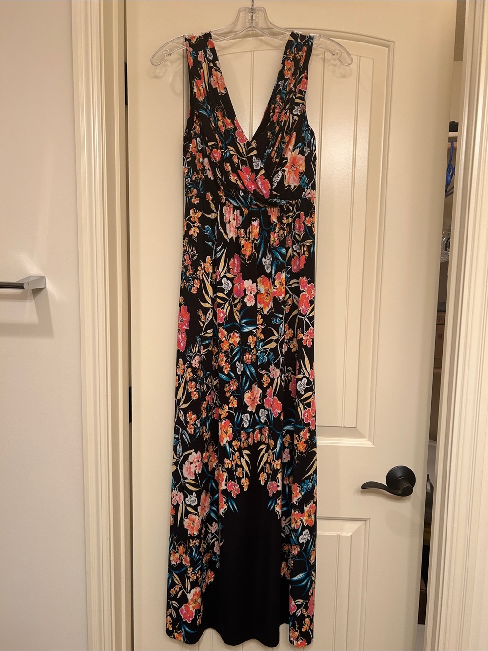 Soma Floral V-Neck Maxi Dress - Black with Pink & Orange Floral